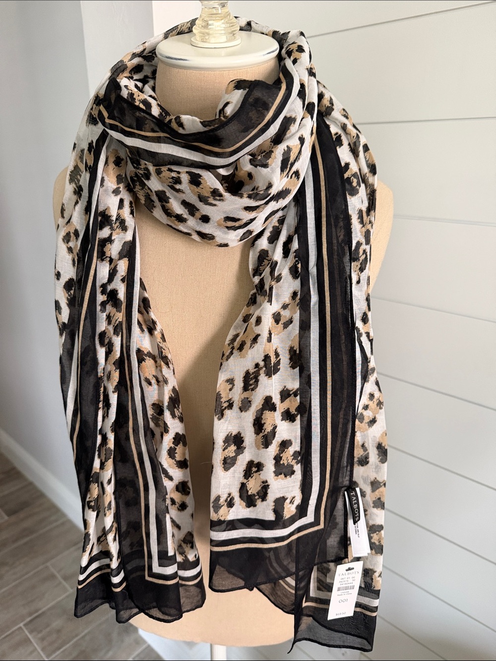 Talbots Leopard Print Lightweight Scarf - Black & Tan Cotton and Silk